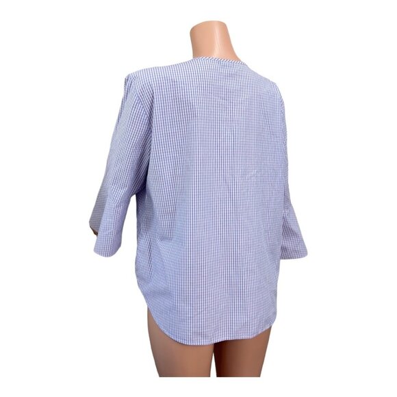 VAN HEUSEN Women SZ XXL Blue/Pink Gingham Print Basic Top Blouse Bell Sleeve - Picture 2 of 10